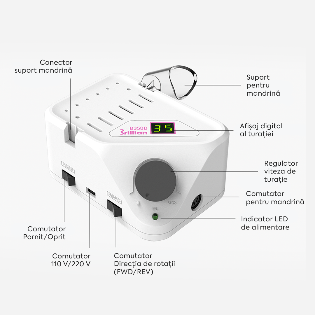 Freza Unghii Profesionala Brillian B350D Saeshin + Mandrina H350 White 35K RPM